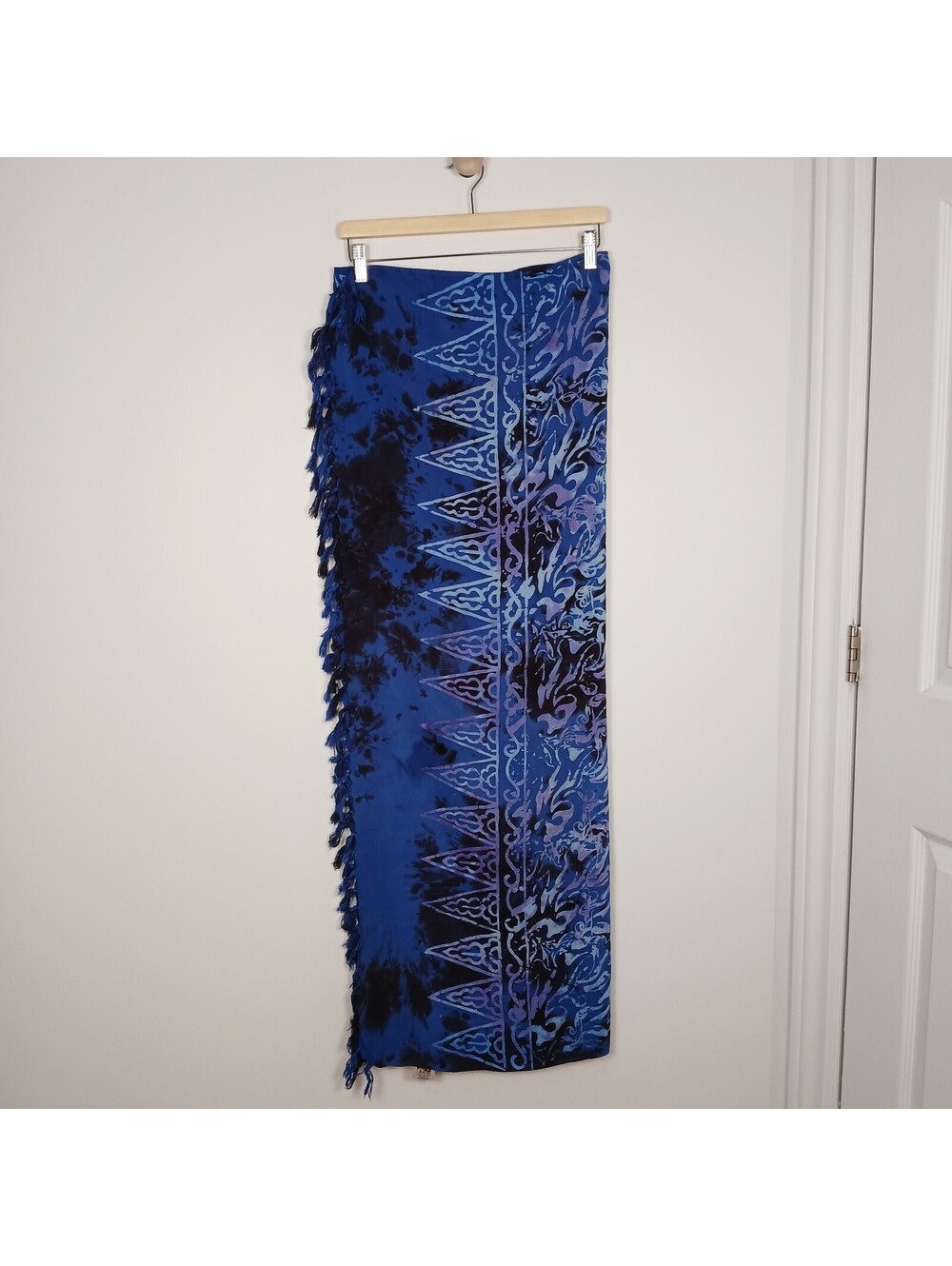 Rama Women Long Pareo Batik Blue Fringe Rayon Sarong Swim Cover Up 63x46